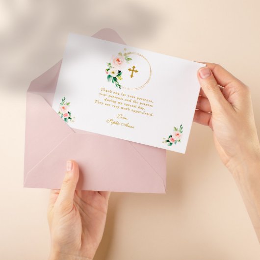 Elegante Wasserfarben Blush Blume Gold Taufe Dankeskarte