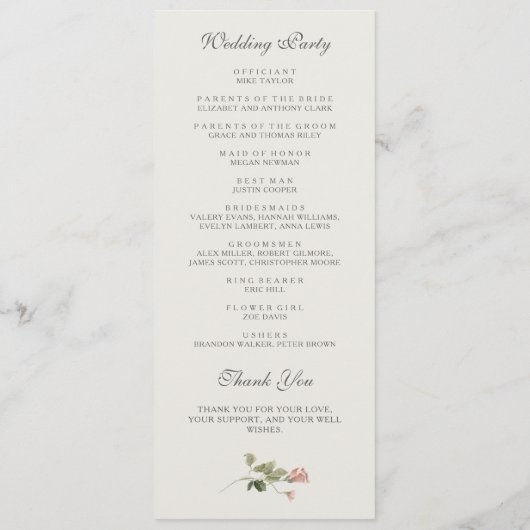 Elegante Wasserfarben Blush Garden Rosa Hochzeit Programm (Rückseite)