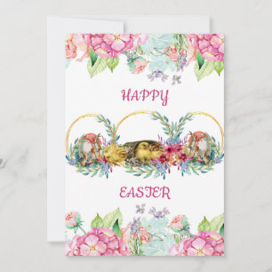 Elegante Wasserfarben Easter Chick Blumenstrauß Feiertagskarte