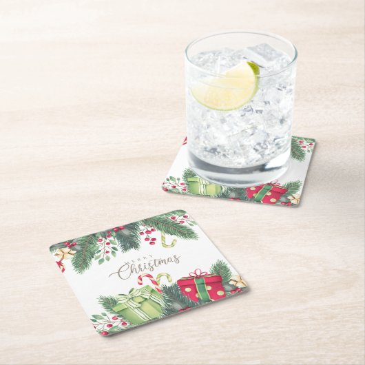 Elegante Wasserfarben Festliche Dekorationen Weihn Rechteckiger Pappuntersetzer (Vor Ort)