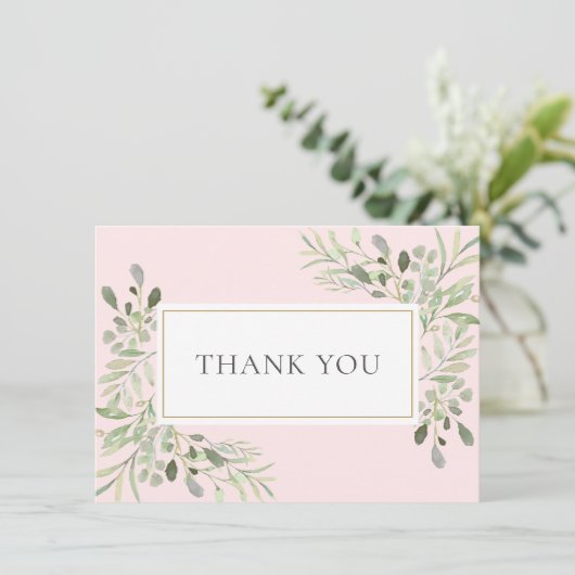 Elegante Wasserfarben Grün Rosa Dankeskarte (Stehend Vorderseite)