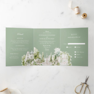 Elegante Wasserfarben-Herrenhaus-Garten-Hochzeit Dreifach Gefaltete Einladung