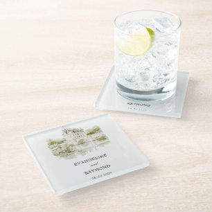 Elegante Wasserfarben-Herrenhaus-Gartenhochzeit Glasuntersetzer