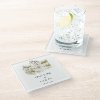 Elegante Wasserfarben-Herrenhaus-Gartenhochzeit Glasuntersetzer