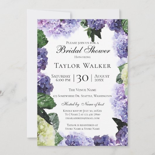 Elegante Wasserfarben-Hydrangeas in Lila & Lavende Einladung (Vorderseite)