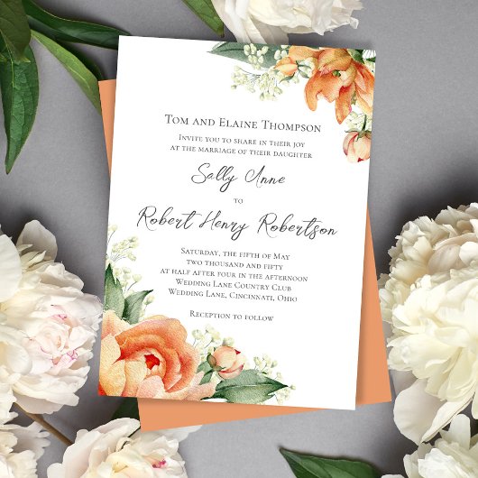 Elegante Wasserfarben Peach Wedding Floral Einladung