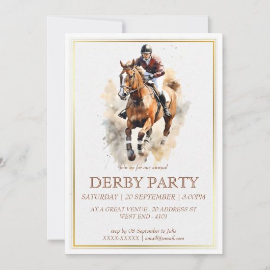 Elegante Wasserfarben Racehors Derby Party Reittie Einladung (Vorderseite)