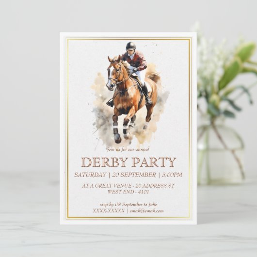 Elegante Wasserfarben Racehors Derby Party Reittie Einladung (Stehend Vorderseite)