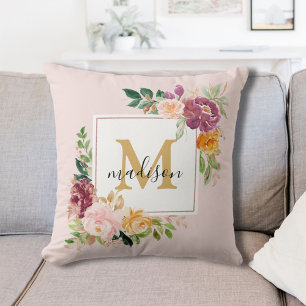 Elegante Wasserfarben-Rose Floral Botanical Monogr Kissen
