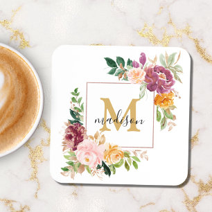 Elegante Wasserfarben-Rosen-Monogramm Botanisch Getränkeuntersetzer