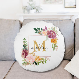 Elegante Wasserfarben-Rosen-Monogramm Botanisch Rundes Kissen