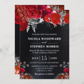 Elegante Wasserfarben Rot und Silberne Blume Hochz Einladung (Vorne/Hinten)