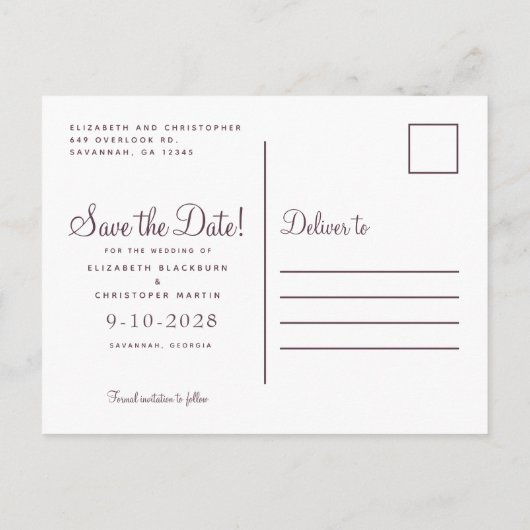 Elegante Wasserfarben Save the Date Hochzeit Ankündigungspostkarte (Rückseite)