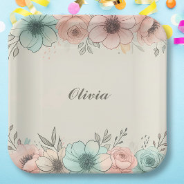 Elegante Wasserfarben Sketchy-Blume Pappteller