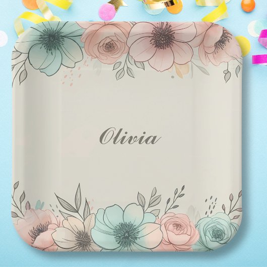 Elegante Wasserfarben Sketchy-Blume Pappteller