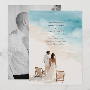 Elegante Wasserfarben-Strand-Foto-Hochzeitseinladu Einladung