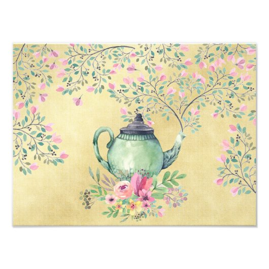Elegante Wasserfarben Teapot und Blume Gold Fotodruck (Vorne)