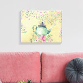 Elegante Wasserfarben Teapot und Blume Gold Leinwanddruck (Insitu (Wohnzimmer))