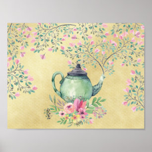 Elegante Wasserfarben Teapot und Blume Gold Poster