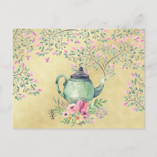 Elegante Wasserfarben Teapot und Blume Gold Postkarte (Vorderseite)