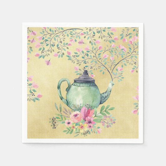 Elegante Wasserfarben Teapot und Blume Gold Serviette (Vorderseite)