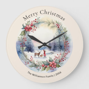 Elegante Wasserfarben-Winterszene Große Wanduhr