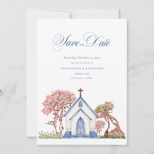 Elegante Wasserfarbenkirche Hochzeit retten Datum Einladung (Vorderseite)