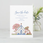 Elegante Wasserfarbenkirche Hochzeit retten Datum Einladung (Stehend Vorderseite)