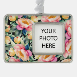 Elegante Wasserfarbenpeony auf dem Schwarzen Foto Rahmen-Ornament Silber