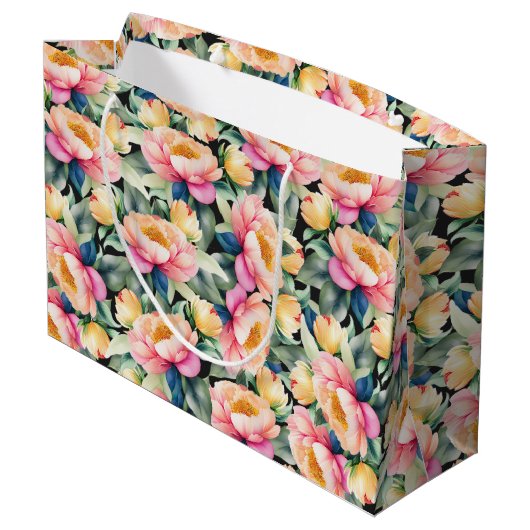 Elegante Wasserfarbenpeony auf Schwarz Große Geschenktüte (Rückseite Schrägansicht)