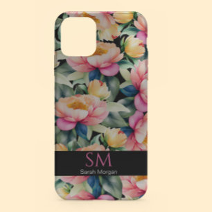 Elegante Wasserfarbenpeony auf Schwarz Monogram Case-Mate iPhone Hülle