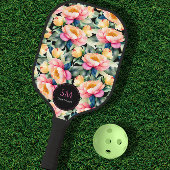 Elegante Wasserfarbenpeony auf Schwarz Monogram Pickleball Schläger