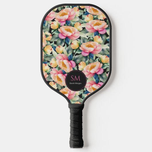 Elegante Wasserfarbenpeony auf Schwarz Monogram Pickleball Schläger (Vorderseite)