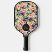 Elegante Wasserfarbenpeony auf Schwarz Monogram Pickleball Schläger (Rückseite)