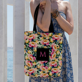 Elegante Wasserfarbenpeony auf Schwarz Monogram Tasche