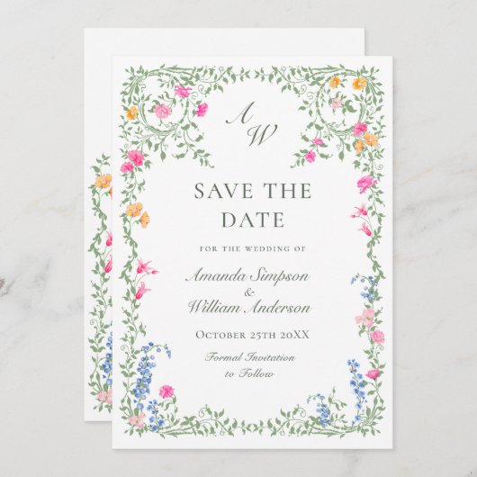 Elegante Wasserfarbenwelt Wildblume Hochzeit Save The Date (Vorne/Hinten)