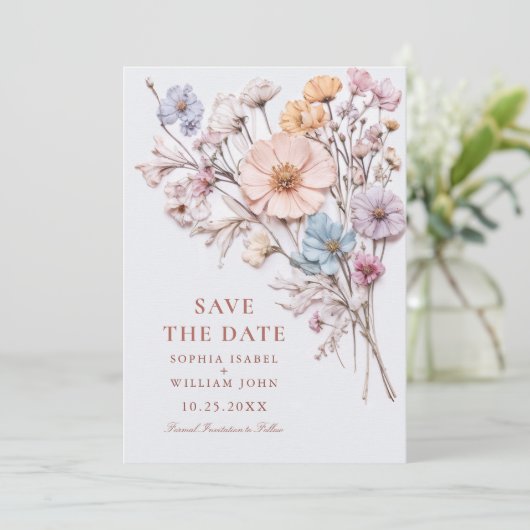 Elegante Wasserfarbenwelt Wildblume Hochzeit Save The Date (Stehend Vorderseite)