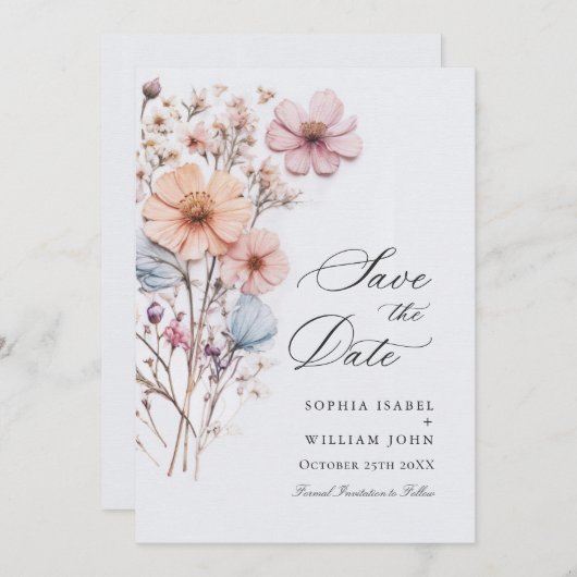 Elegante Wasserfarbenwelt Wildblume Hochzeit Save The Date (Vorne/Hinten)
