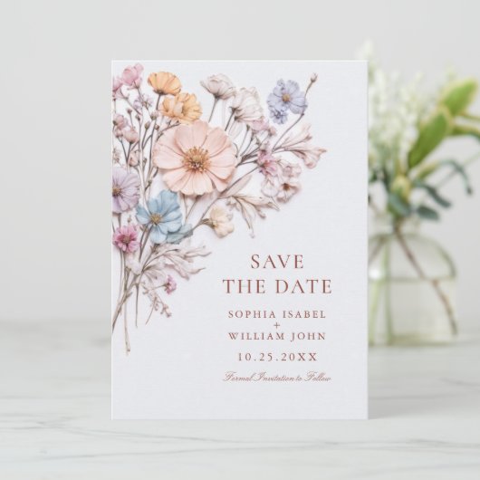 Elegante Wasserfarbenwelt Wildblume Hochzeit Save The Date (Stehend Vorderseite)