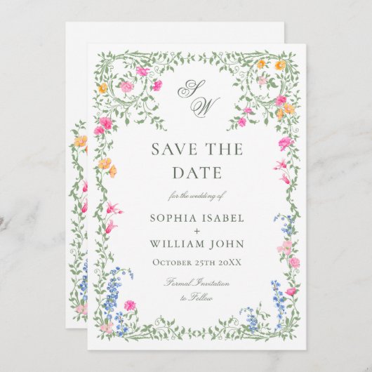 Elegante Wasserfarbenwelt Wildblume Hochzeit Save The Date (Vorne/Hinten)