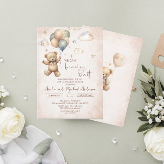Elegante Watercolor Bear Teddy Babydusche Einladung
