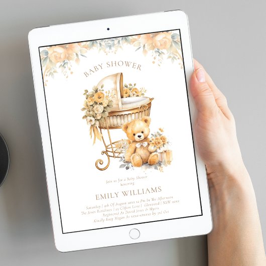 Elegante Watercolor Beige & Gold Baby Dusche Einladung