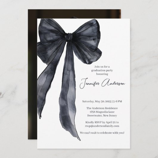 Elegante Watercolor Black Bow Graduation Party Einladung (Vorne/Hinten)