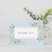 Elegante Watercolor Blätter Baby Boy Blue Dankeskarte (Stehend Vorderseite)