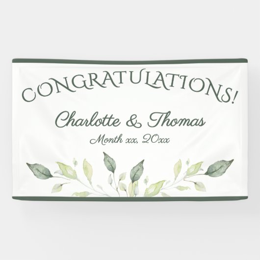 Elegante Watercolor Blätter Hochzeit Herzlichen Gl Banner (Horizontal)