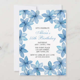 Elegante Watercolor Blau Blume jedes Alters Geburt Einladung