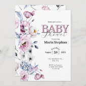 Elegante Watercolor Blau Rosa Blütendusche Einladung (Vorne/Hinten)