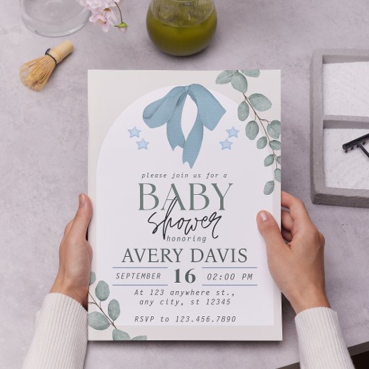 Elegante Watercolor Blue Baby Shower Einladung