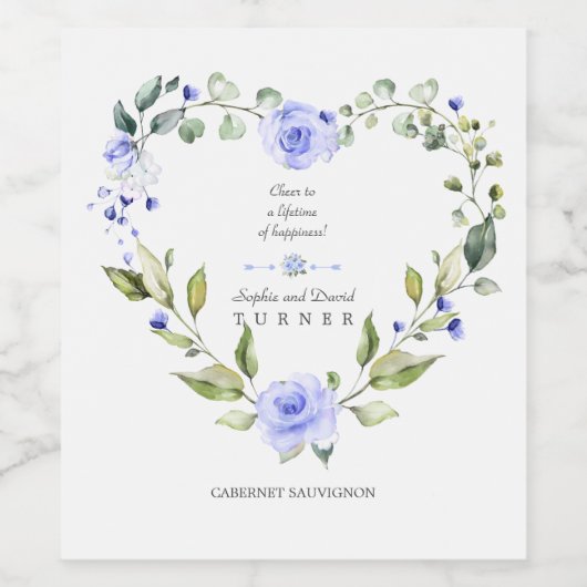 Elegante Watercolor Blue Blumen Wreath Wedding Weinetikett (Einzelnes Label)