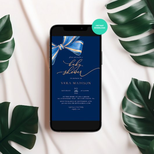 Elegante Watercolor Blue Bow Baby Shower Einladung